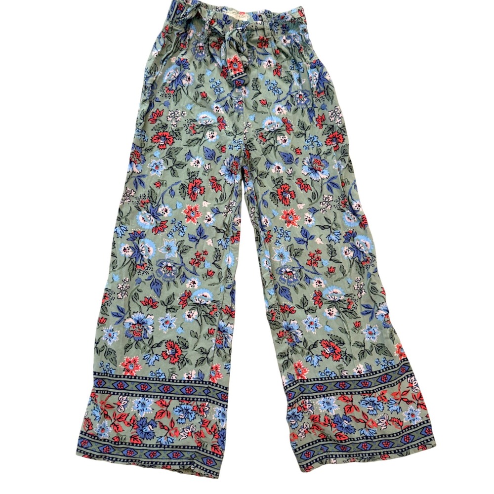 btween Wide Leg Pants Kids Size 7 Green Floral Boho Elastic Waist Festival
